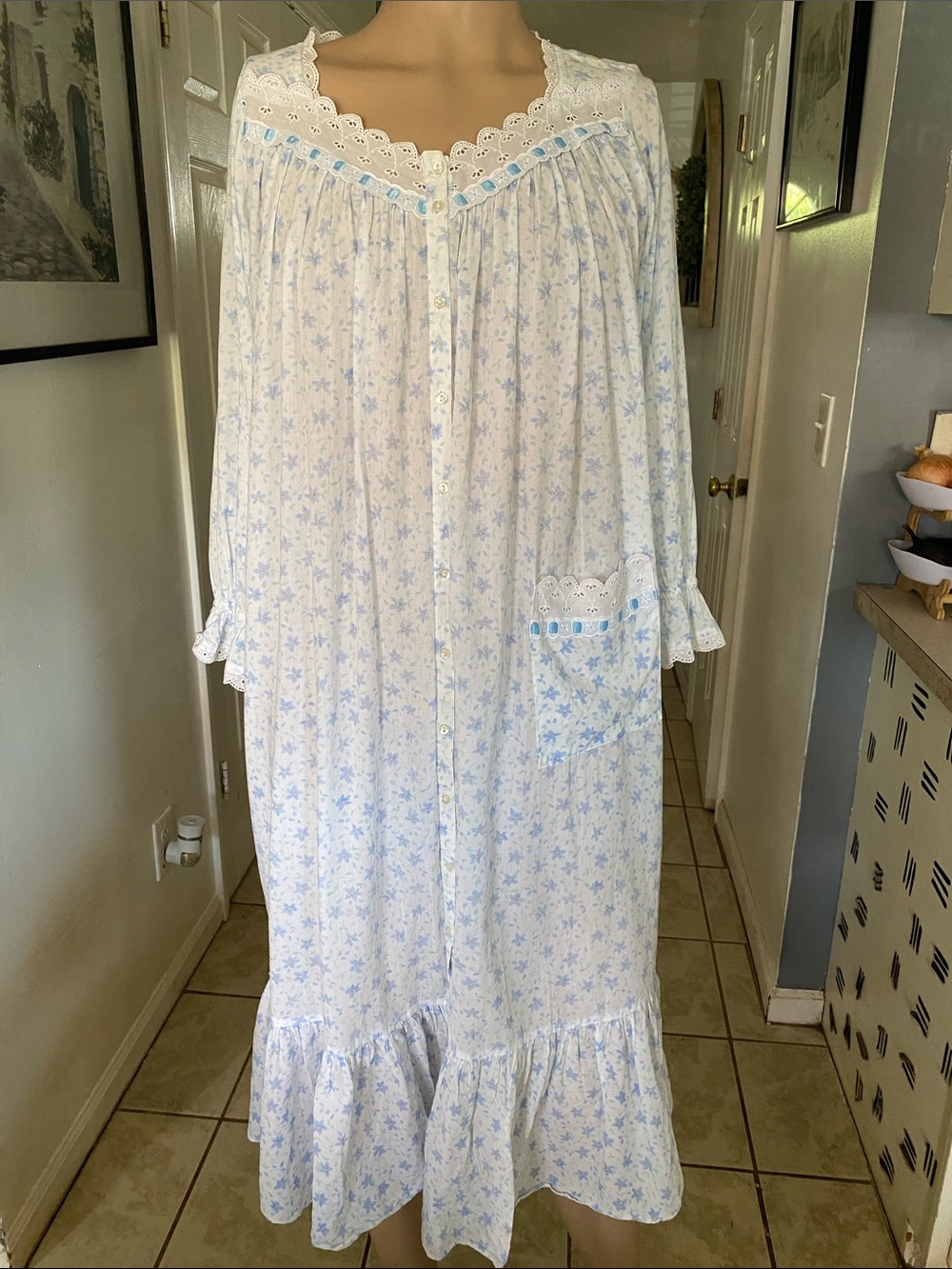 Eileen West VintageLight Blue Floral Cotton Button-Front Nightgown w/ lace trim.